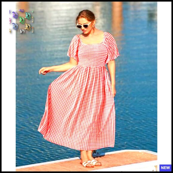 Square Neck Short Sleeve Smocked Maxi Dress Floral A-Line Plus Size Pocket - Picture 2 of 5